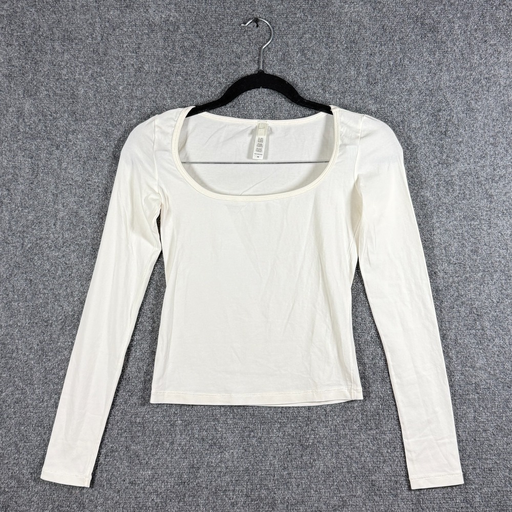 SKIMS Cotton Jersey Scoop Neck Long Sleeve Tee Top Marble White Size XS